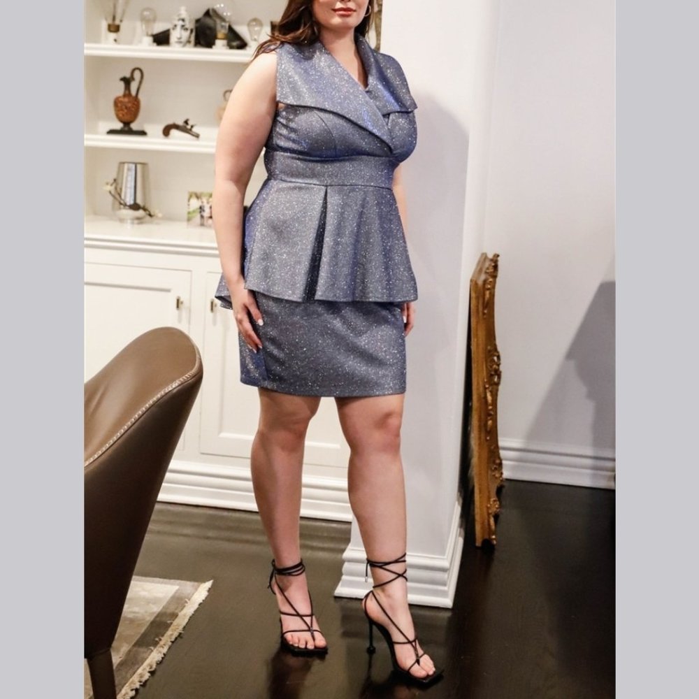 Royal Silver Glitter Collared Sleeveless Peplum Mini Dress